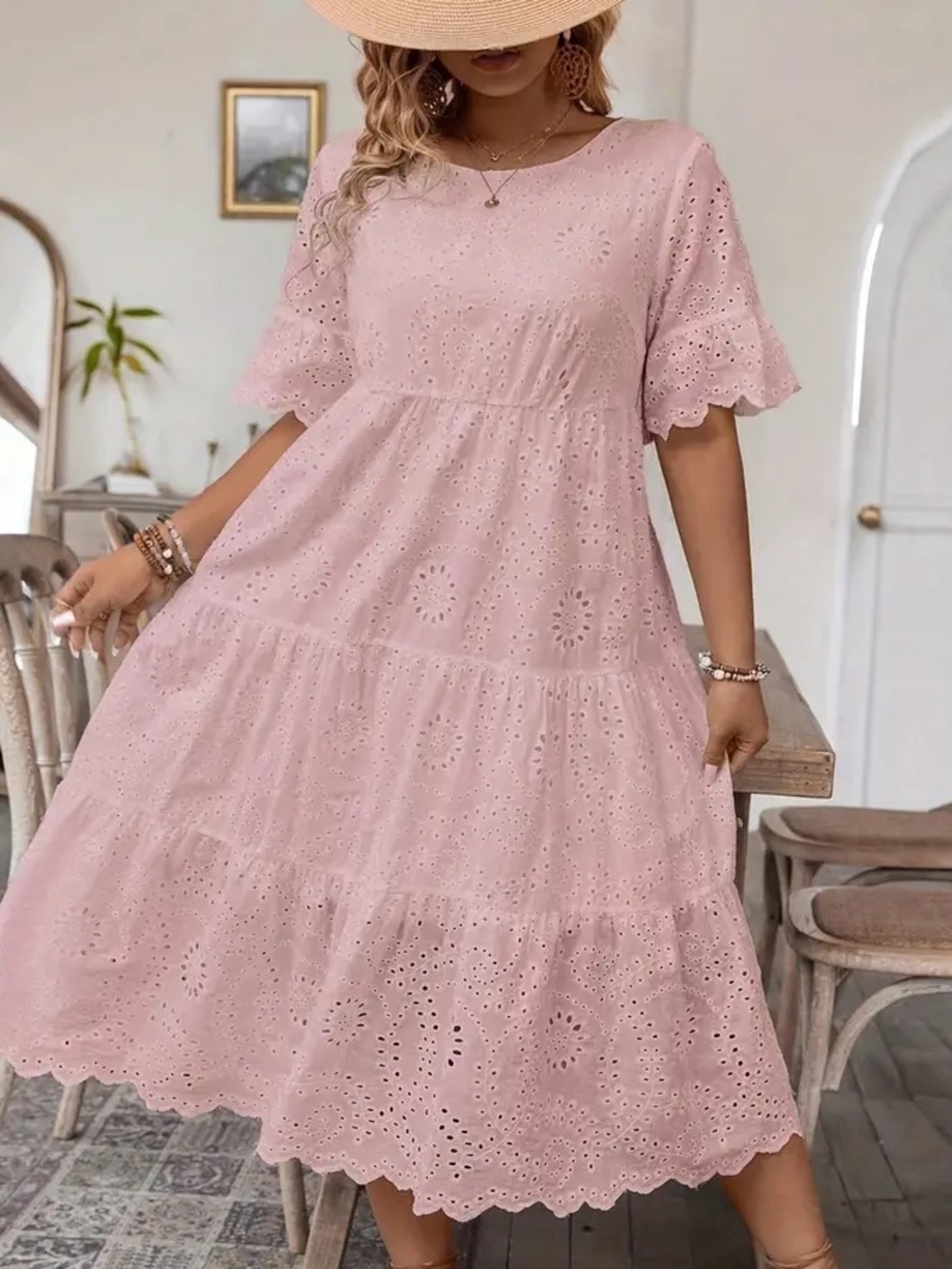 Women’s Pink Eyelet Tiered Midi Dress - Elegant Summer Style size XL